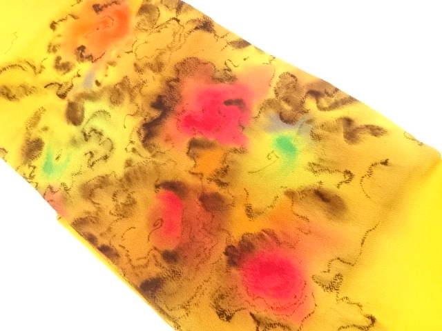 リサイクル　縮緬地手描き抽象模様名古屋帯